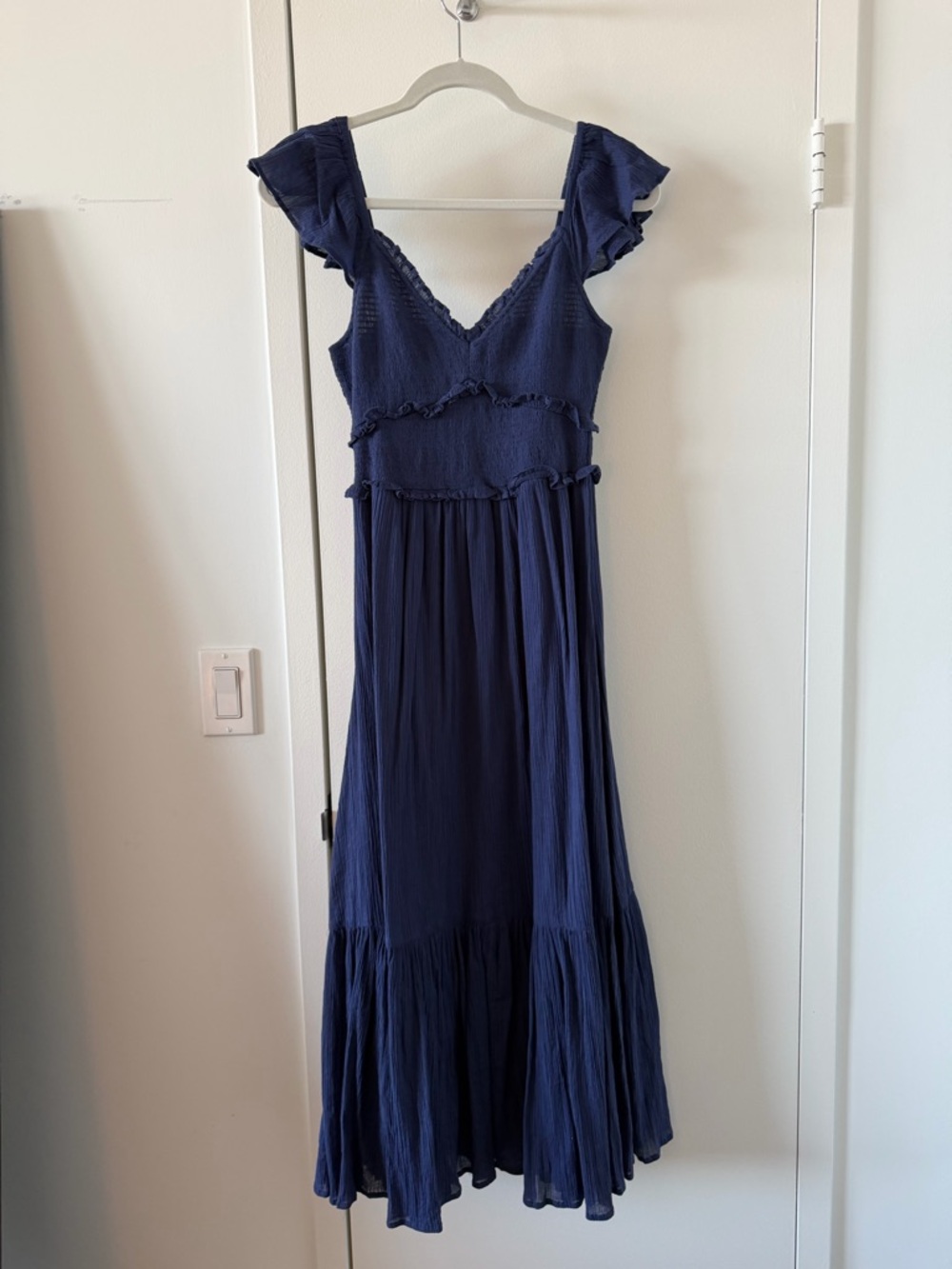LoveShackFancy Katina Dress - Navy Ruffled V‑Neck Maxi Dress